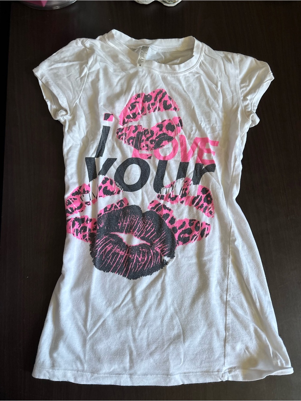 White Graphic Tee with Pink Leopard Kiss Print